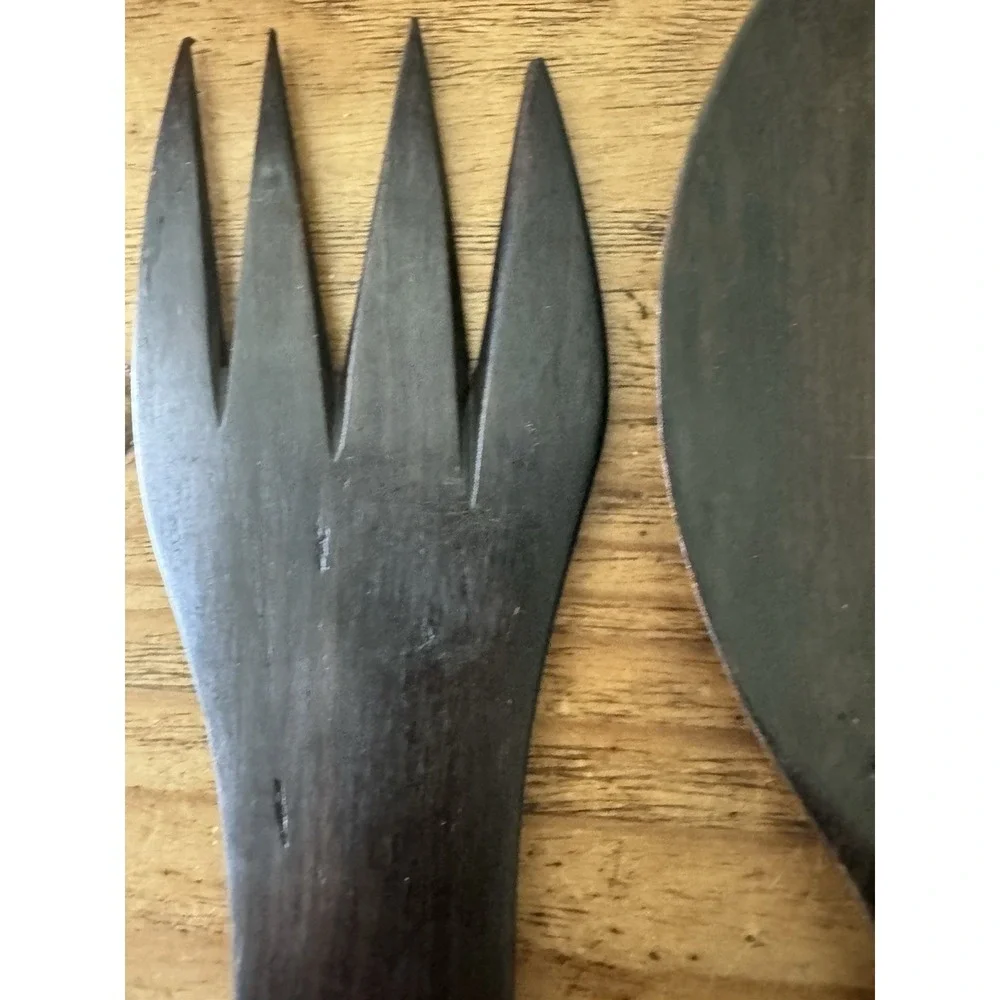 Large Vintage Tiki Hand Carved Wood Spoon Fork Set Polynesian Tribal 14